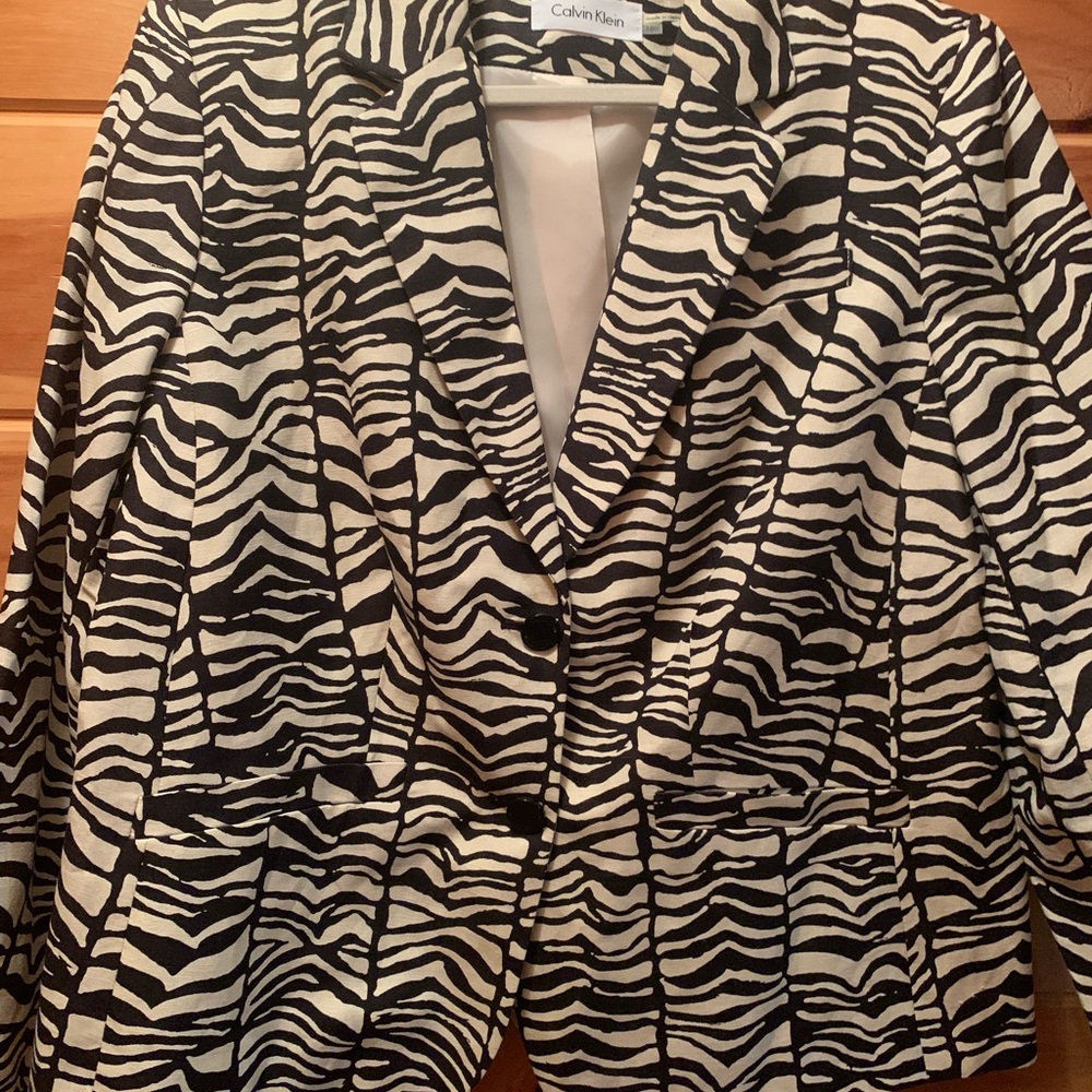 Calvin Klein Linen Black Cream Zebra Animal Print Lined Jacket NWOT Size 16W - Picture 2 of 10